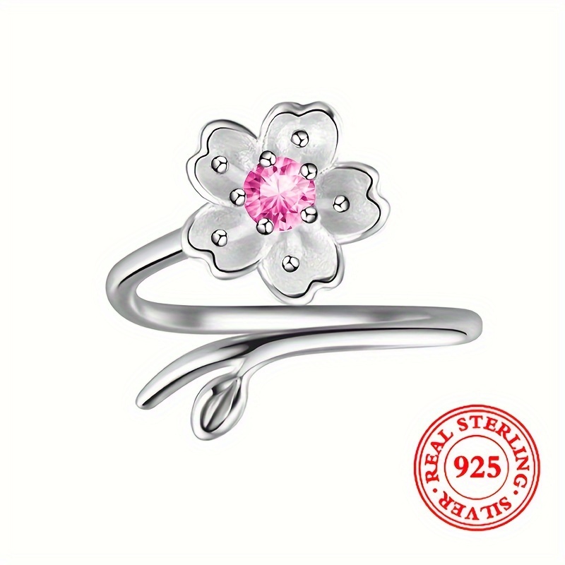 TEMU Elegant Cherry Adjustable Ring - 925 Sterling Silvery With Sparkling Zirconia, & Vacation Wear