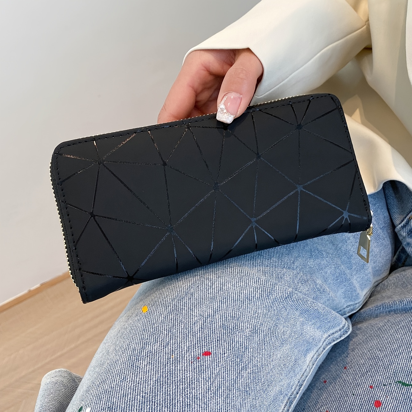 Stylish Long Wallet, Diamond Pattern, Large Capacity Wallet, With Zipper Closure, Multiple Card Slots And Coin Purse