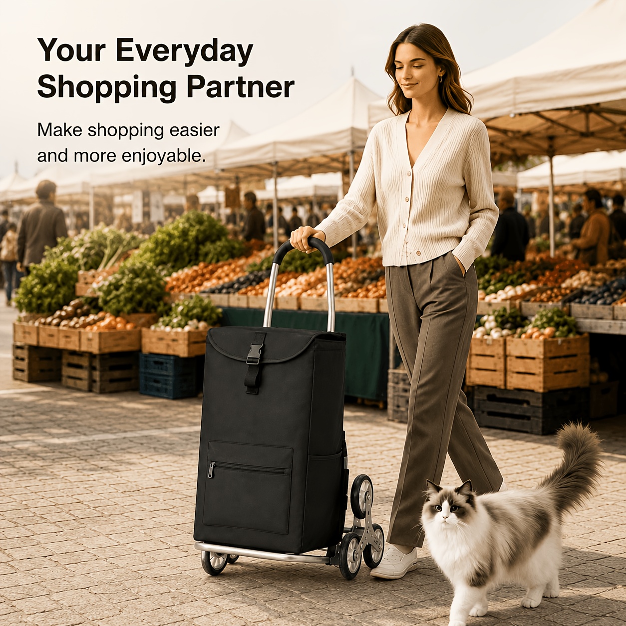 Image of Stair Climber Grocery Trolley With Large Storage Bag, 6-wheel Rolling Shopping Cart For Market, Laundry And Home