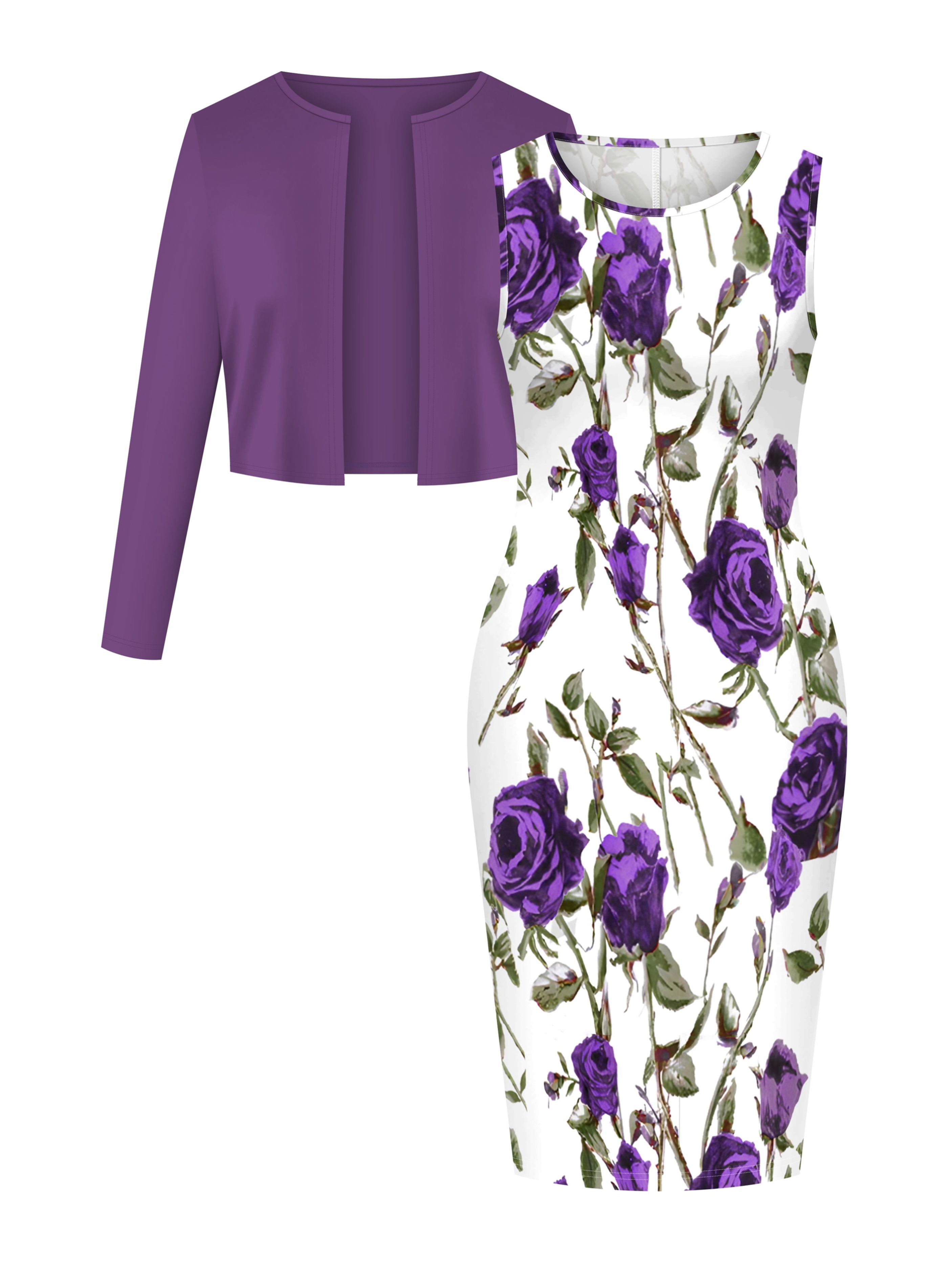 Women's Elegant Suit Solid Color Cardigan Coat and Floral Print Dress 2pcs Set