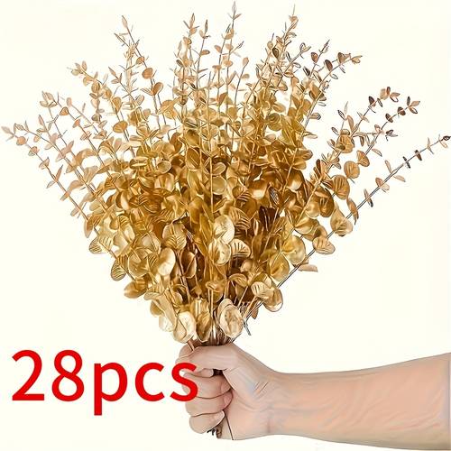 14 28pcs golden eucalyptus artificial flowers high simulation plastic flowers suitable for thanksgiving home decoration weddings and holiday floral arrangements popular spring decoration container not included office
