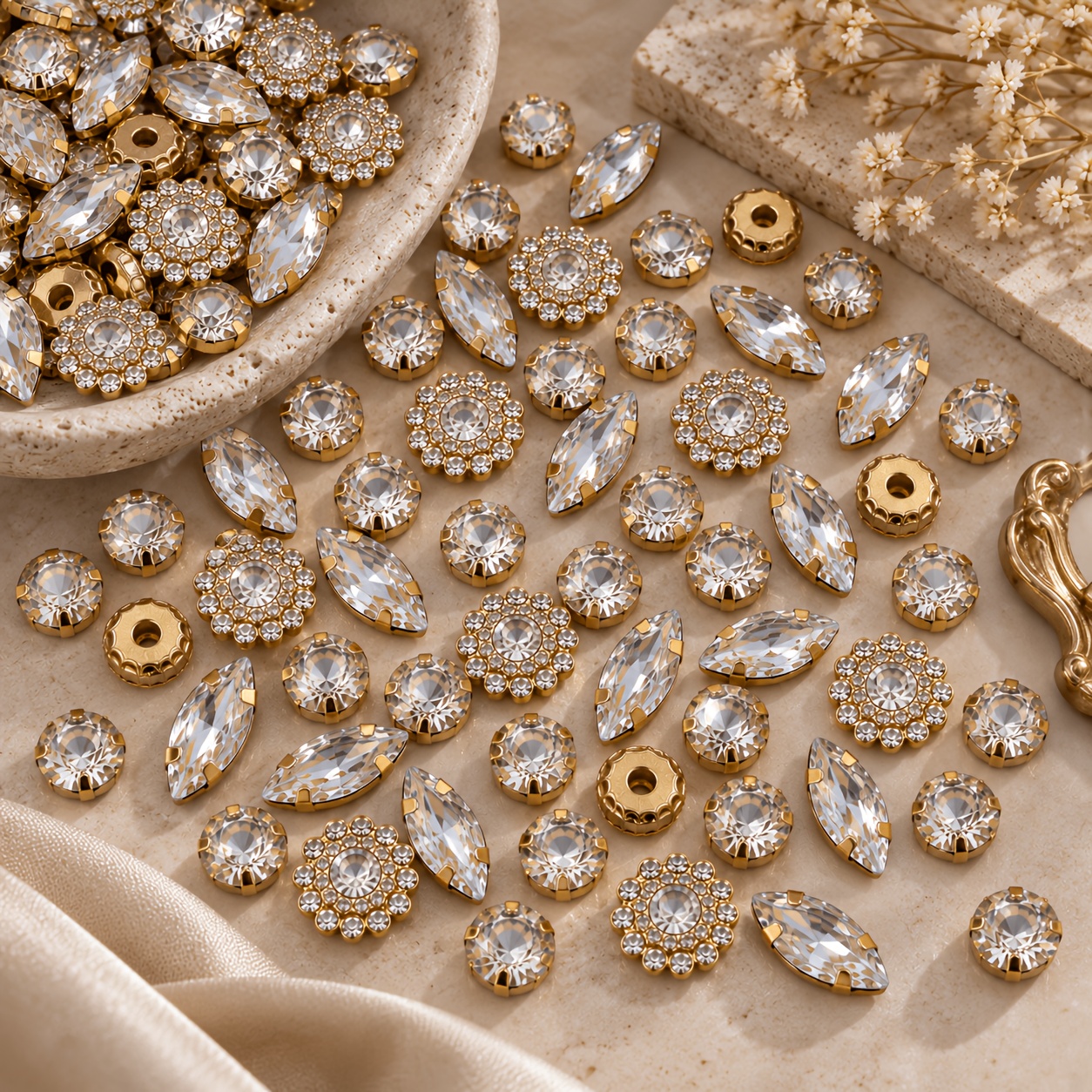 TEMU 95pcs Diamantes de Decorativos, Cuentas de Ojos de Strass de Flores Base de Metal para Ropa Vestido de Novia Zapatos Bolsos Adornos de Costura