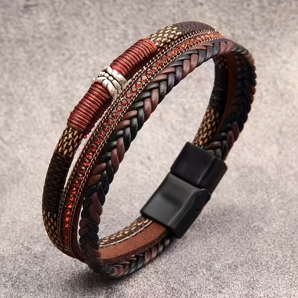 TEMU Nueva Pulsera Retro Cruzada de Cuero Sintético Trenzado Multicapa para Europa y América, Brazalete Magnético Premium con Cierre de Vintage para