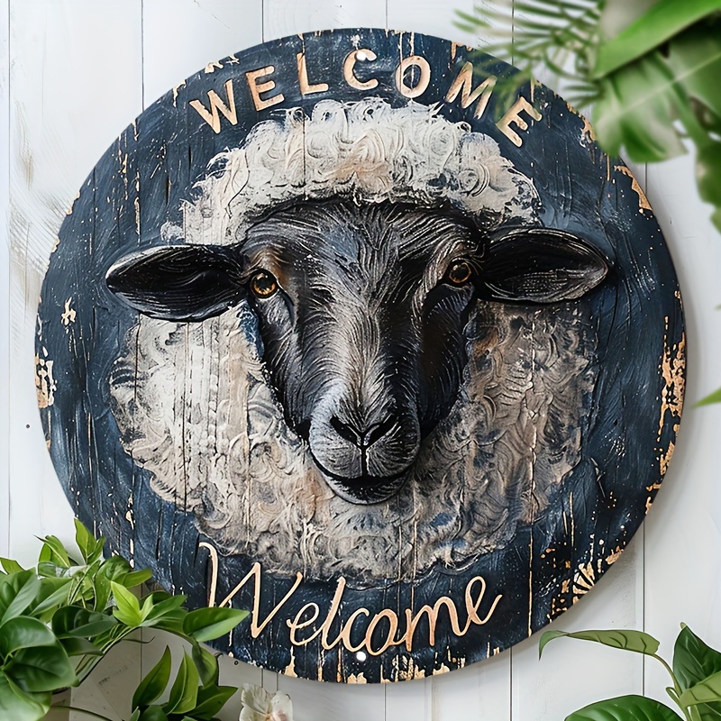 

1pc 8x8inch(20x20cm) Round Aluminum Sign Metal Sign Retro Welcome Sheep Floral Sign For Home Garden Living Room Farm Decor