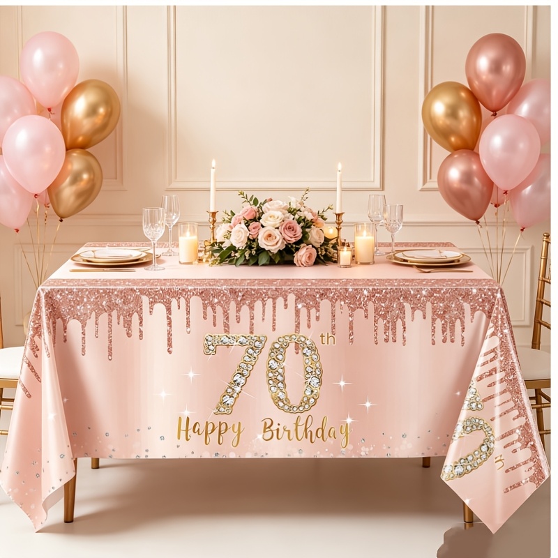 TEMU 1 nappe pour le 70e anniversaire, rose or rose, joyeux 70e anniversaire, fournitures de fête, nappe rectangulaire pour la décoration du 70e