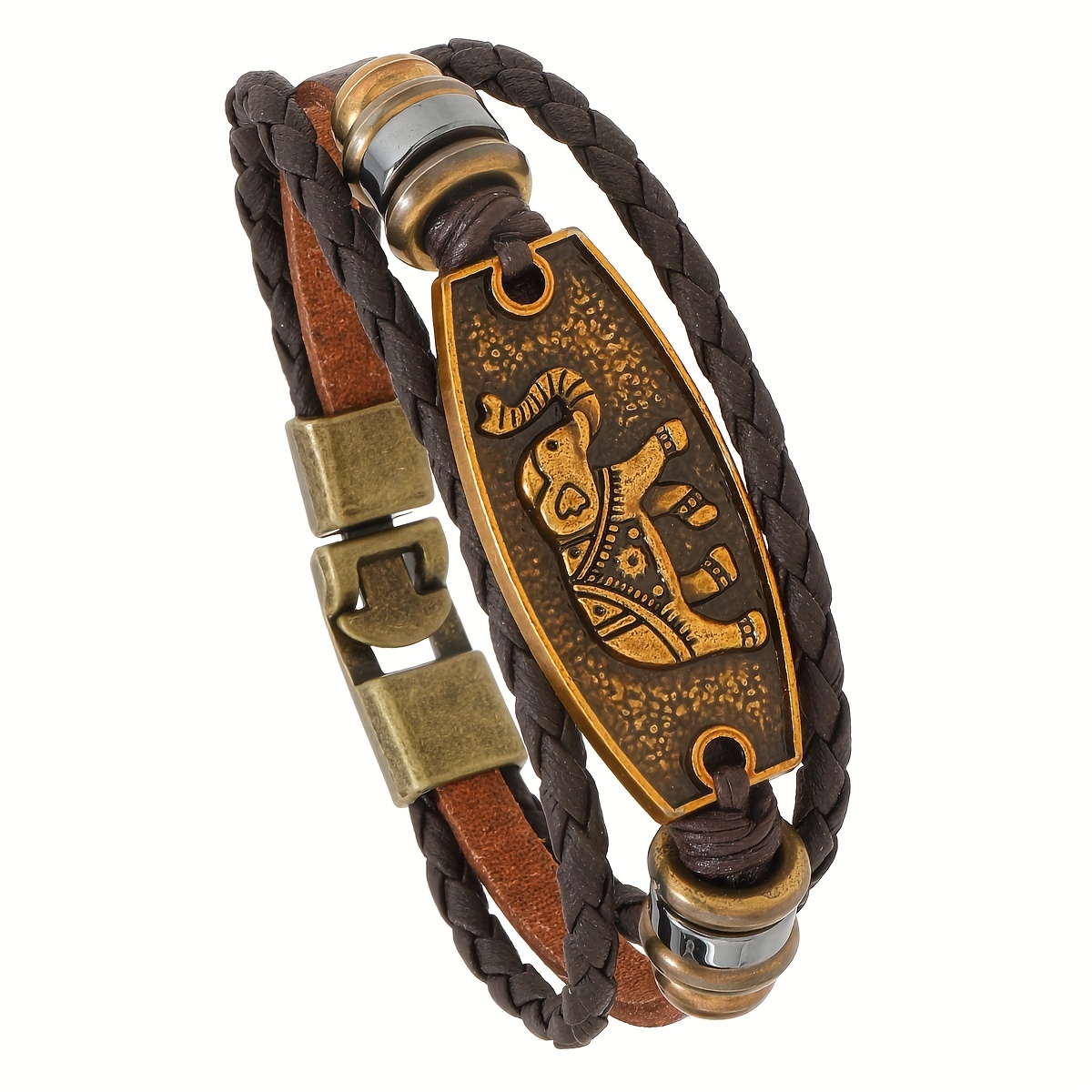 Alloy Elephant Beaded Leather Bracelet Men Woven Accessory