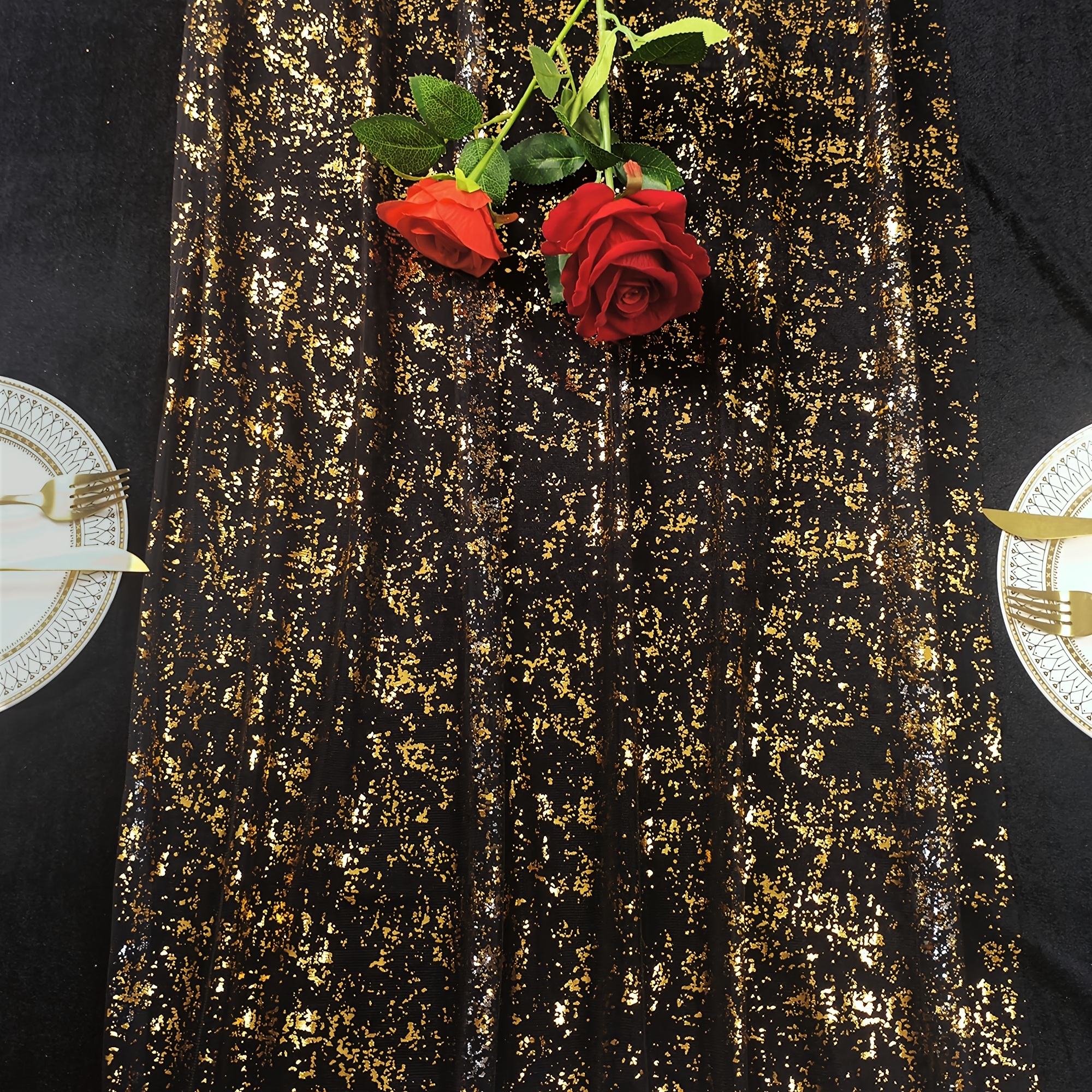 E-shop Schwarz-Goldener Glitzer Tischläufer - 100% Polyester Rechteckiger Esstischdekor für Hochzeiten, Weihnachten, Muttertag, Partys - Elegante