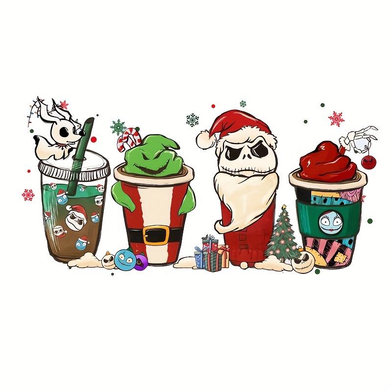 

2pcs Holiday-themed Coffee Cup Vinyl Iron-on Transfers, Festive And Santa Claus Heat Press Decals, Multicolor Christmas Drink Screen Print Patches For Diy Crafting