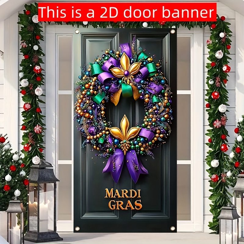 

1pc Mardi Gras Floral Wreath Door Banner, Polyester Hanging Decoration, Universal Indoor & Outdoor Party Supplies, No Electricity Needed, 35.4x70.8 Inches