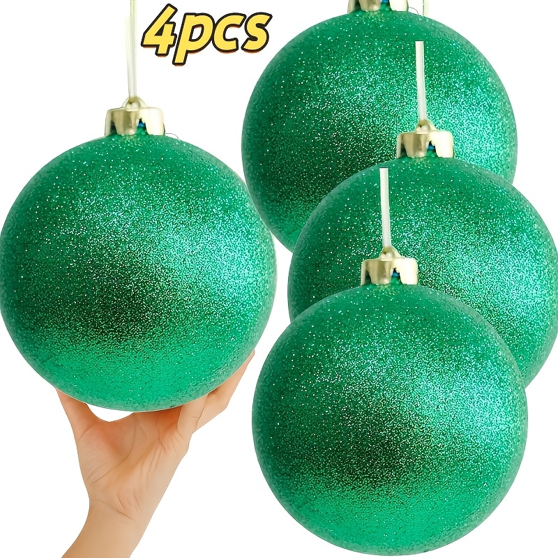 TEMU 4pcs Large 10cm Green Glitter Christmas Ball Decorations Suitable For Indoor/outdoor, Plastic Spherical Hanging Ornaments With Hat Ring For Xmas