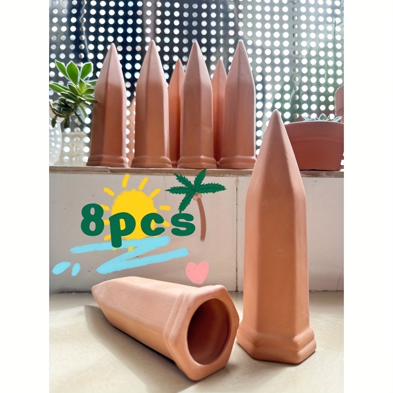 8pcs classic hexagonal terracotta plant watering spikes self irrigation cones for automatic vacation plant watering slow release watering stakes for indoor outdoor potted plants self watering system