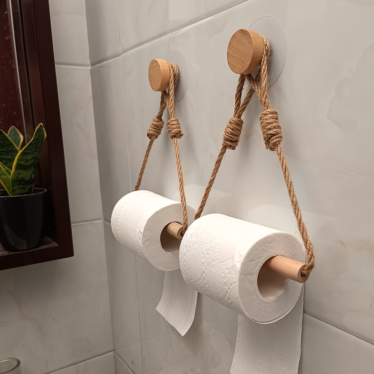 

Rustic Hemp Rope And Wooden Stick Toilet Paper Holder - Wall-mounted, Self-adhesive, Decorative Bathroom Dispenser With Macramé Design, Toilet Paper Storage