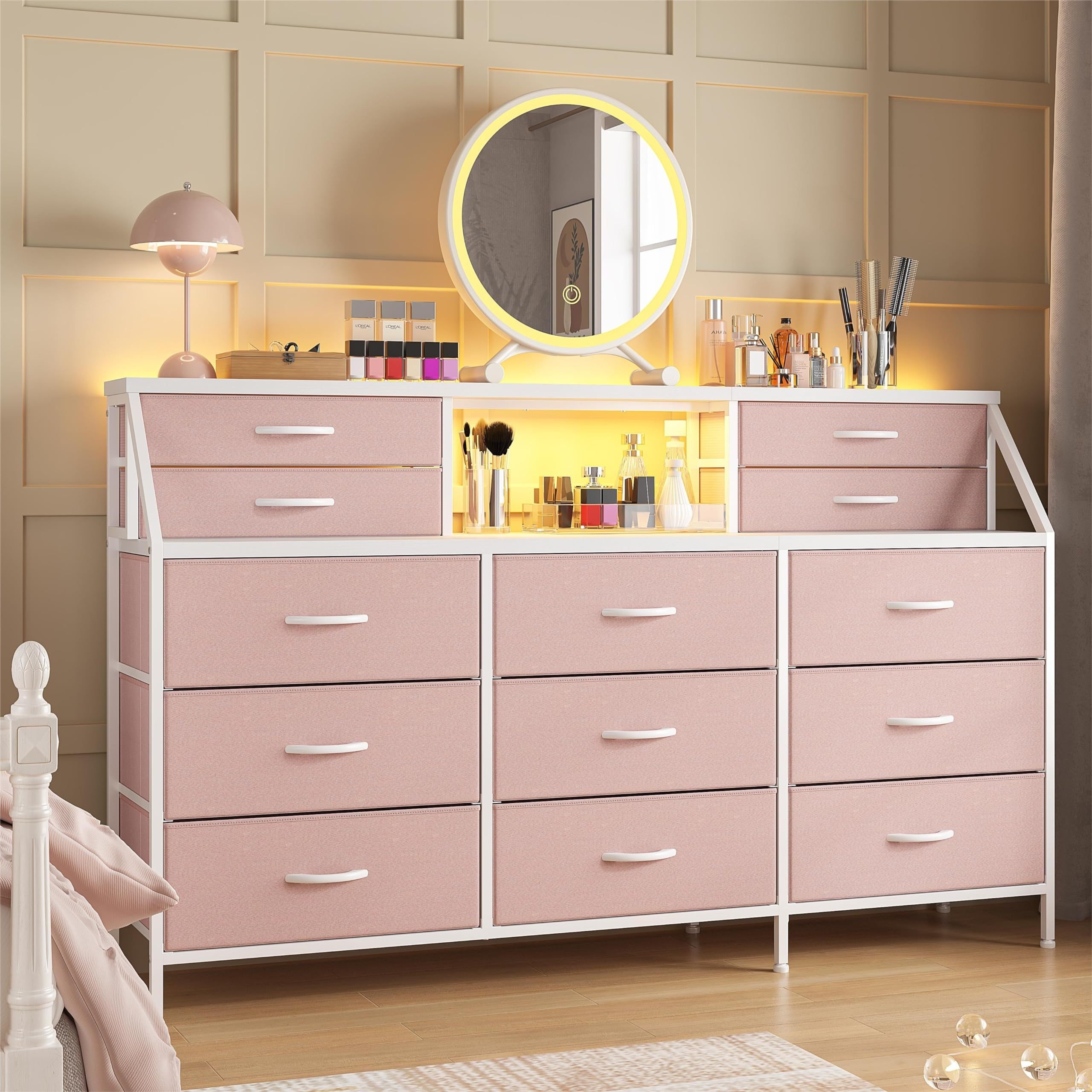 

55"w Dresser For Bedroom, Pink Dresser For Girls Bedroom, Dresser With 13 Large Drawer, Dressers & Chests Of Drawers, Bedroom Dresser With 2 Shelves, Long Dresser For Closet