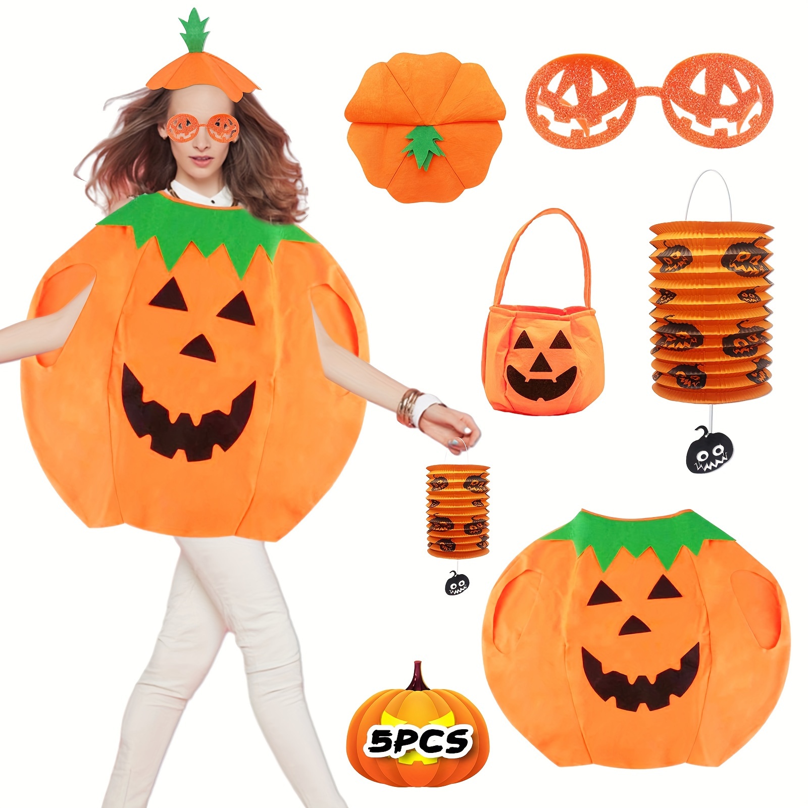 

5pcs Adult Unisex Pumpkin Costume Set With Hat, Treat Bag, Led-lighted Lantern, Glasses - Halloween Cosplay Party Outfit, No Feather, Plastic Material, Skeleton Theme Style