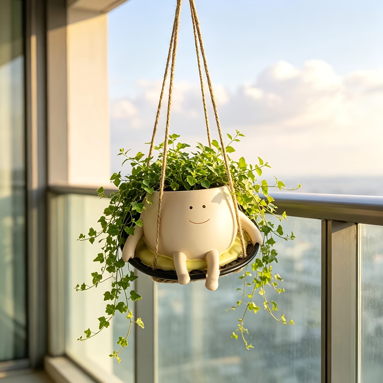 TEMU 1pc Style Little People Swing Hanging Flower Pot, Hemp Rope Suspended Succulent Pothos Orchid Pot, Balcony Courtyard Window Decoration Hanging