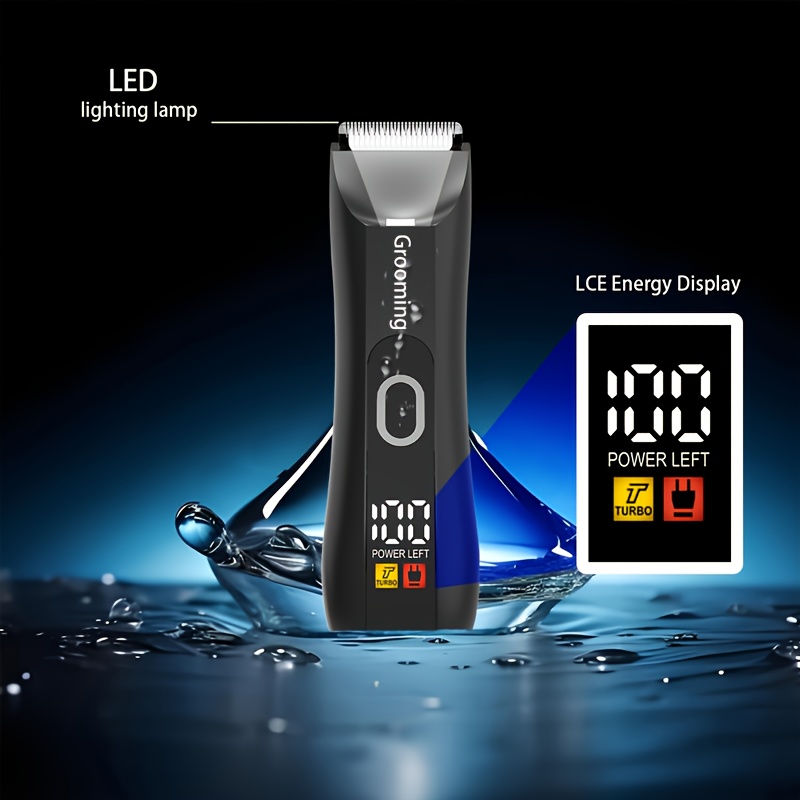Water-resistant Men's body hair trimmer & shaver, LCD screen LED light, Men's groin and bikini electric ball shaver, with replaceable ceramic blades, 4-size protective cover, 2-speed shaver, suitable for beauticians, Xmas and Black Friday gifts