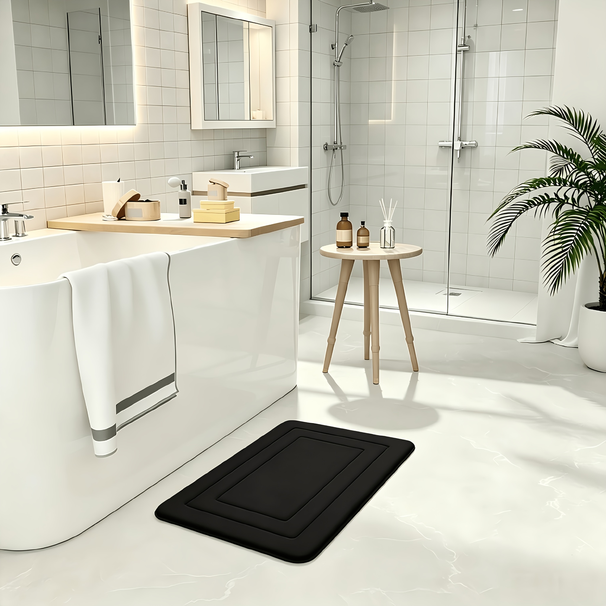 TEMU Non-slip Coral Fleece Bathroom Mat - Soft, Washable, And Durable With Pvc Backing For Safety , In Gray, White, Black, Navy Blue, And Beige,