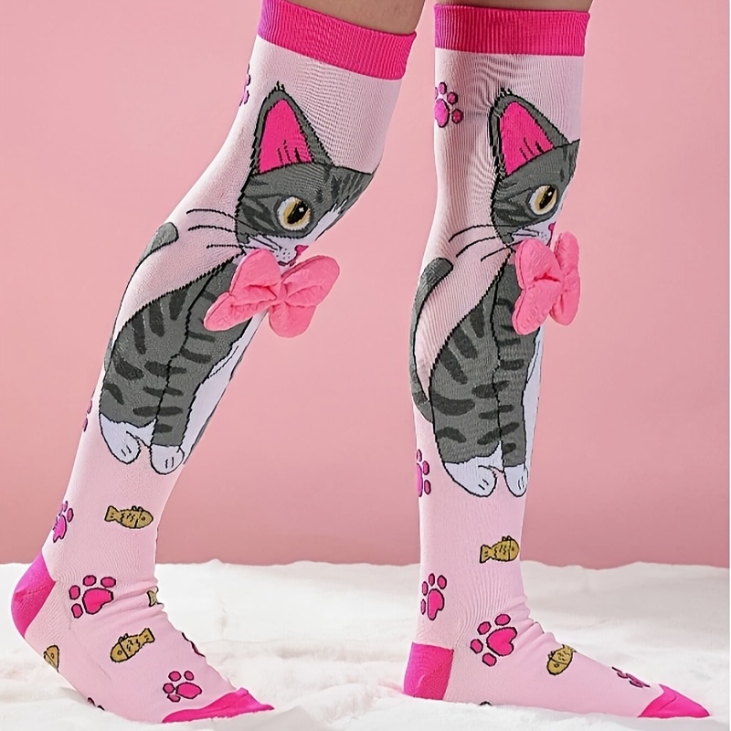 1 Paar Meisjes Over-de-Knie Sokken met Schattig Kattenontwerp & Roze Strikjes - Levendige Roze Polyester Sokken voor Alle Seizoenen