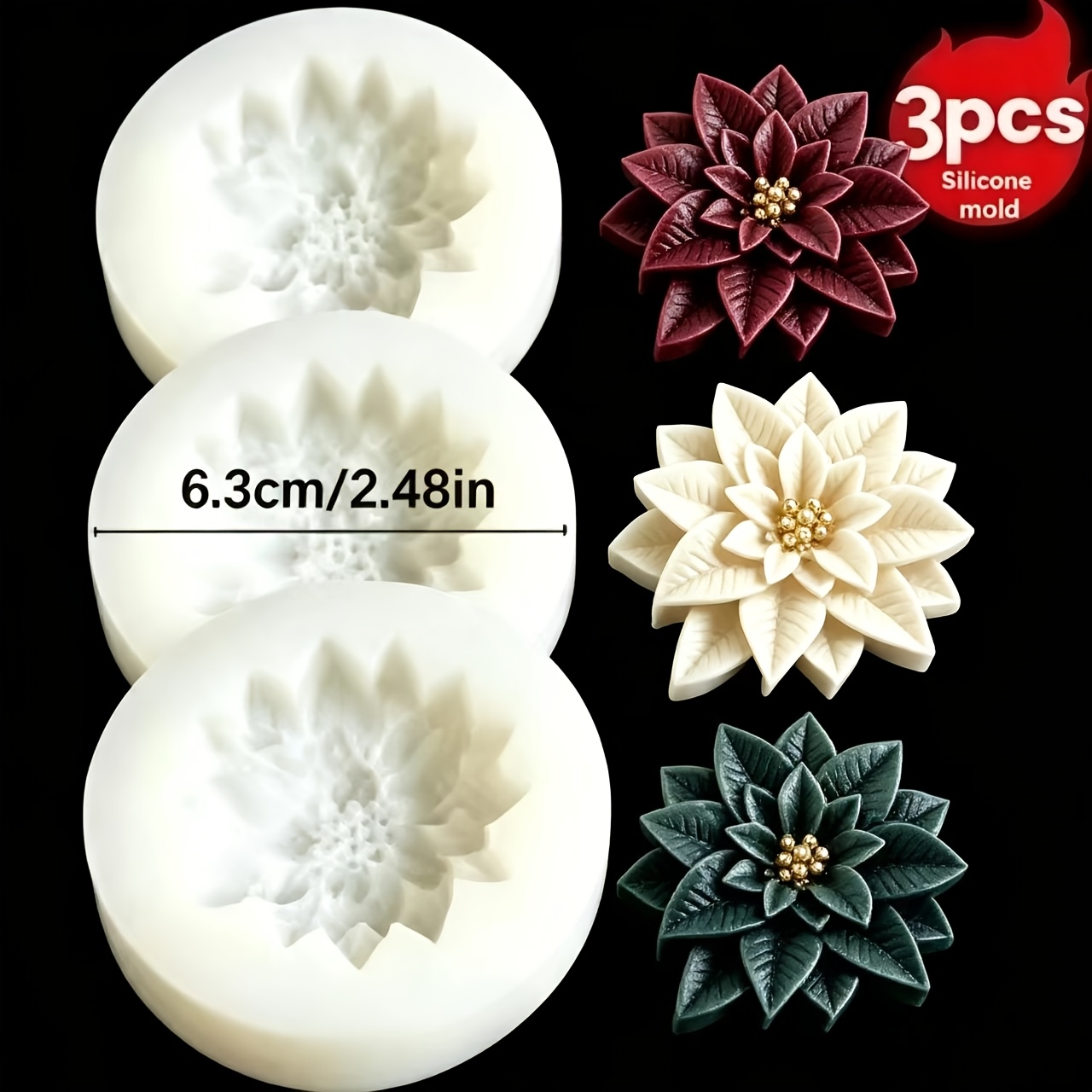 TEMU Clay Molds - 3pcs Christmas Flower Silicone Molds, Holly Leaf Shaping Tools, Diy Molding Molds For Car Diffuser Stones, Clay Craft Flower Molds,
