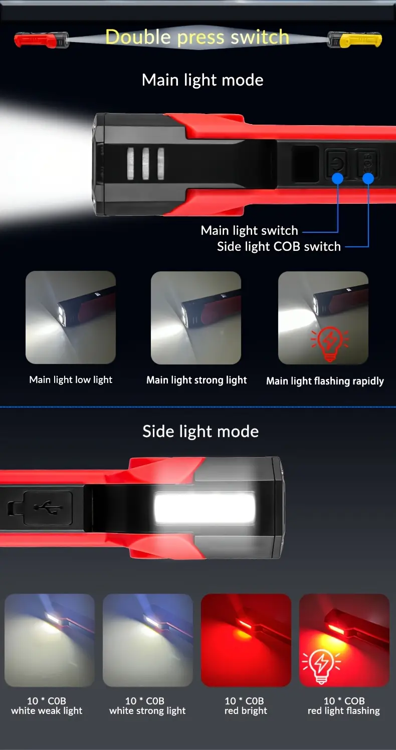 1pc multifunctional work light with cob side light usb charging led flashlight handheld torch with magnet 7 lighting 1500mah suitable for camping fishing night walking running details 2