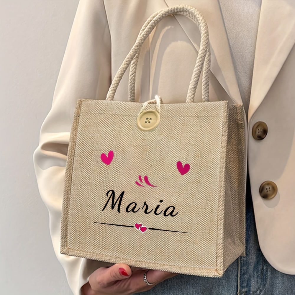 TEMU Custom Flower Tote Bag, Heart Print, Customized Name Tote Bag, Portable Shopping Bag, Personalized Gift Bag, Suitable For Wedding, Birthday,