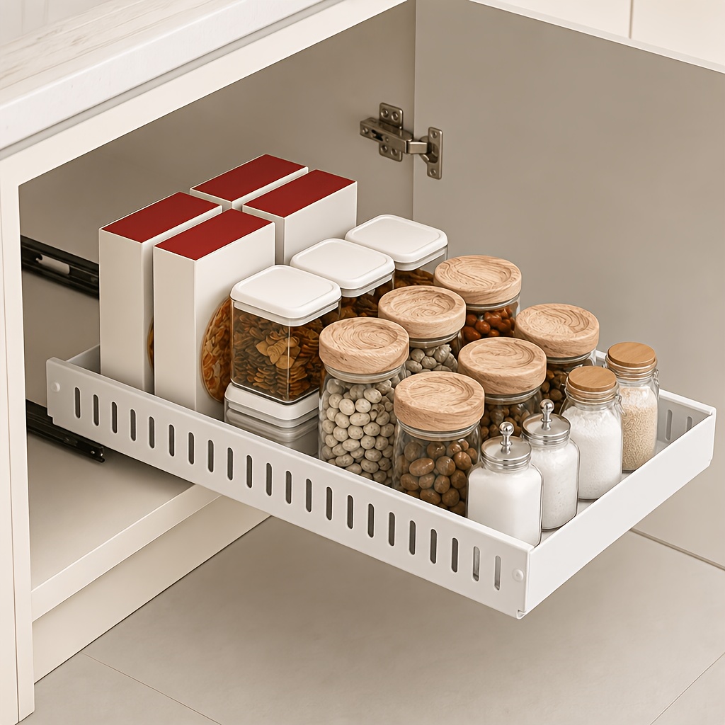 Image of Under Cabinet Organizer For Pots And Pans, Sliding Lid Holder And Pan Rack In Kitchen, Slide Out Inside Cabinet Storage For Pot Lid, Bakeware, Dishes, 8 Adjustable Dividers