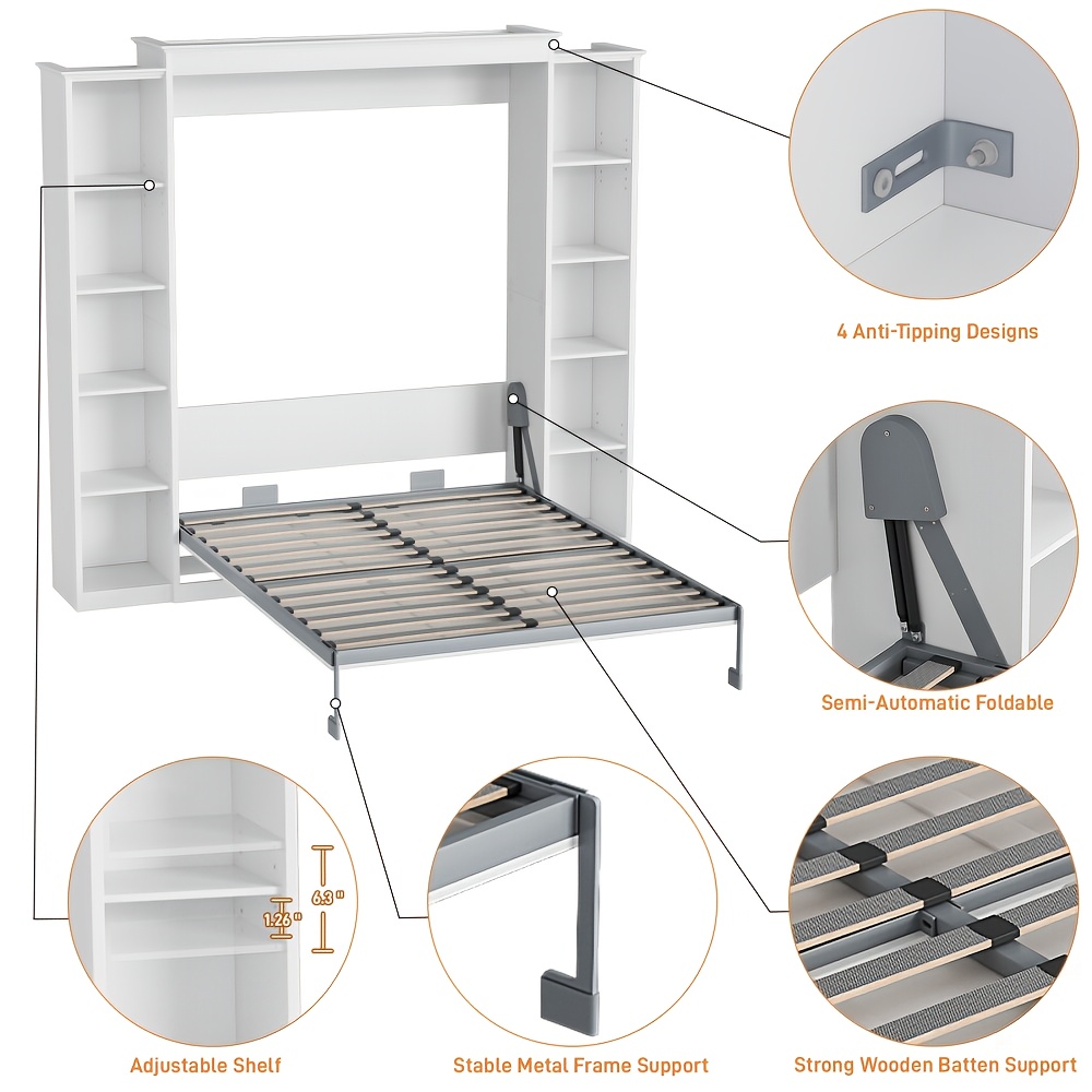 Queen Murphy Bed Cabinet with 5-Tier Adjustable Shelves - Space-Saving Wall Bed, Heavy-Duty Foldable Platform Bed Frame, Modern Murphy Bed for Small Apartments, Guest Rooms, Home Offices - Easy Assembly, No Box Spring Needed, Apartment Living, Minimalist Furniture, Highquality Build, Apartment Dwellers