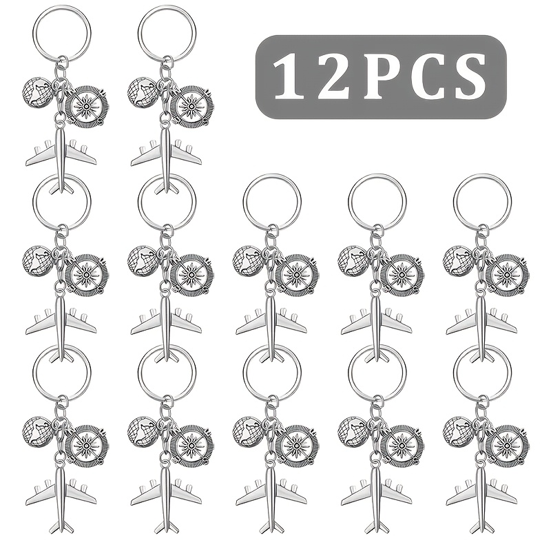 TEMU 12pcs Airplane Compass Map Keychain Set - Summer Party Travel Souvenir Keychain, Durable Alloy Unisex Fashion Bag Decoration, Cute Wallet