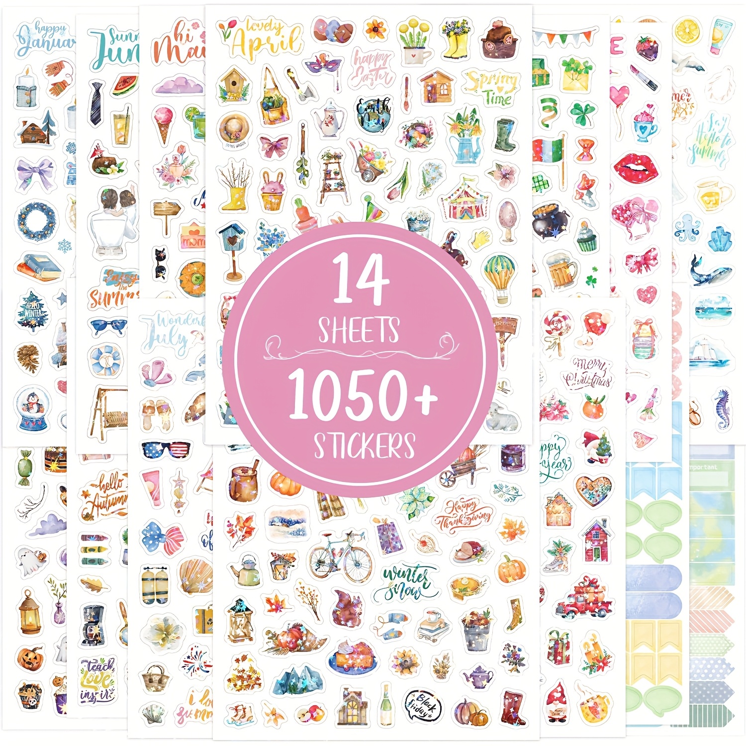 Image of 14 Sheets/1050+pcs Bohemian Style Laser December Holiday Stickers - Shiny Laser Planner Stickers For Scrapbooks, Journals, And Crafts