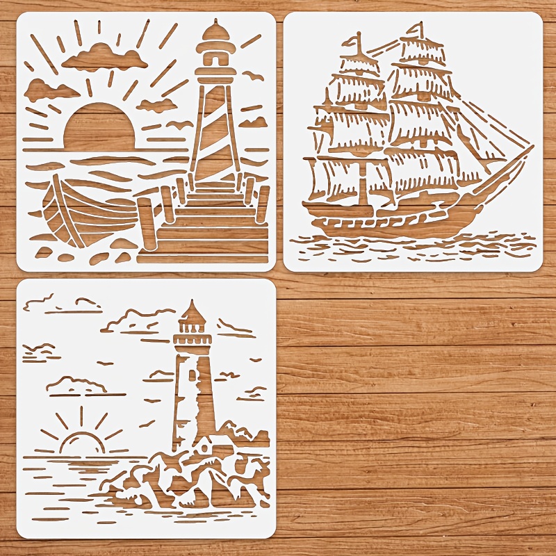 3pcs Lighthouse Sailboat Painting Stencils - 7.87 X 7.87 Inches - Nautical Ocean Ship Templates Reusable Island Lighthouse Sunset Wave Stencils For Painting On Wood Walls Fabric Home Decor