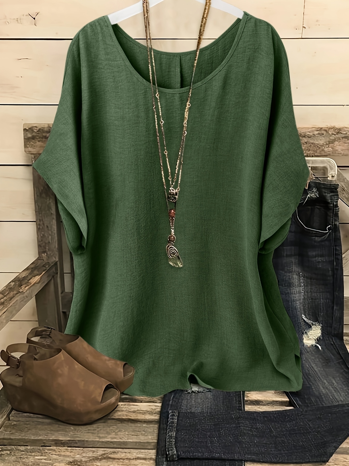 Plus Size, Plus Size Women's Casual Summer Batwing Sleeve Blouse - Olive Green Solid Color Round Neck Short Sleeve Shirt, Machine Washable & Dry Cleanable, Elegance Collection