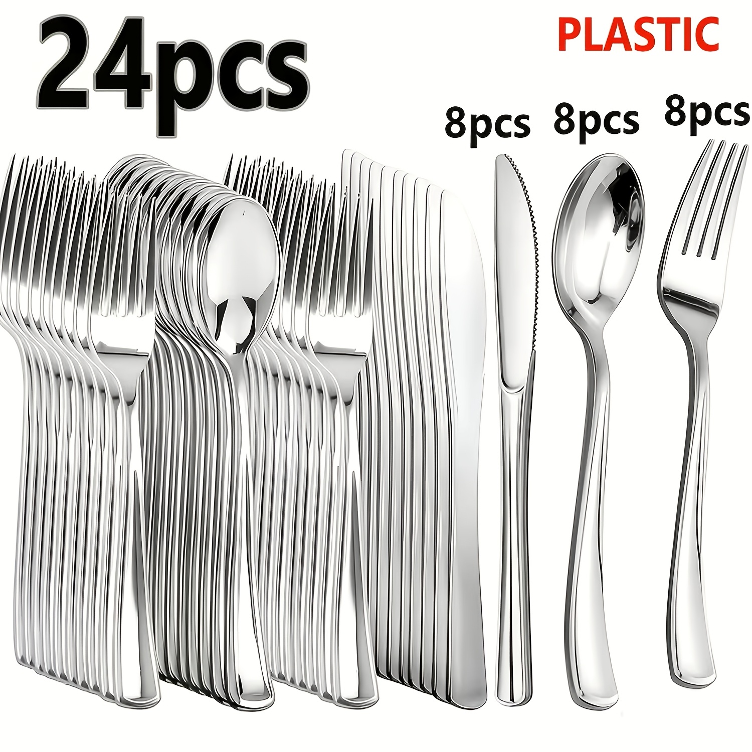 Image of 24pcs Set Of Silvery Plastic Knife, Fork, Spoon Tableware, Including 8pcs Knives, 8pcs Forks, 8pcs Spoons, Suitable For , , Gatherings, Parties, Birthdays, Holidays, Weddings