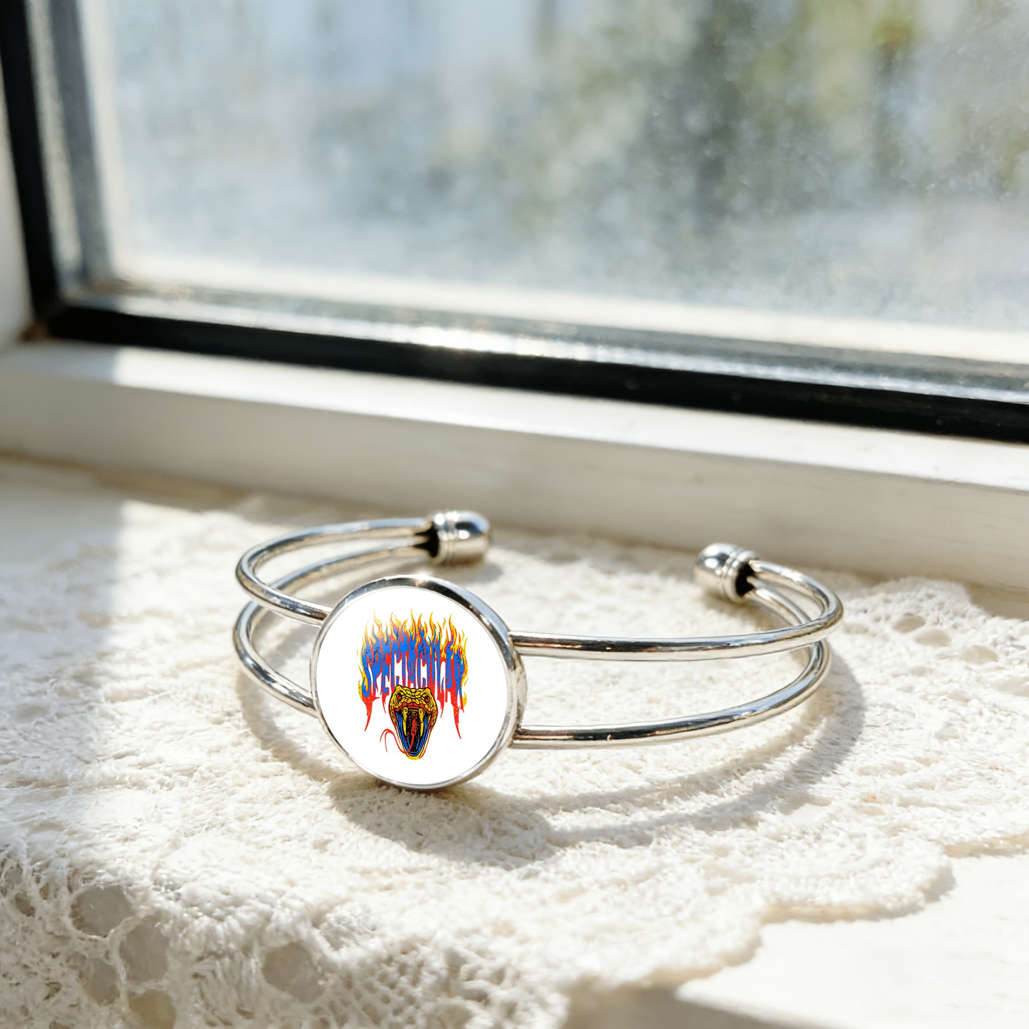 Adjustable Open Bangle with Flame Surround Snake Head Design
