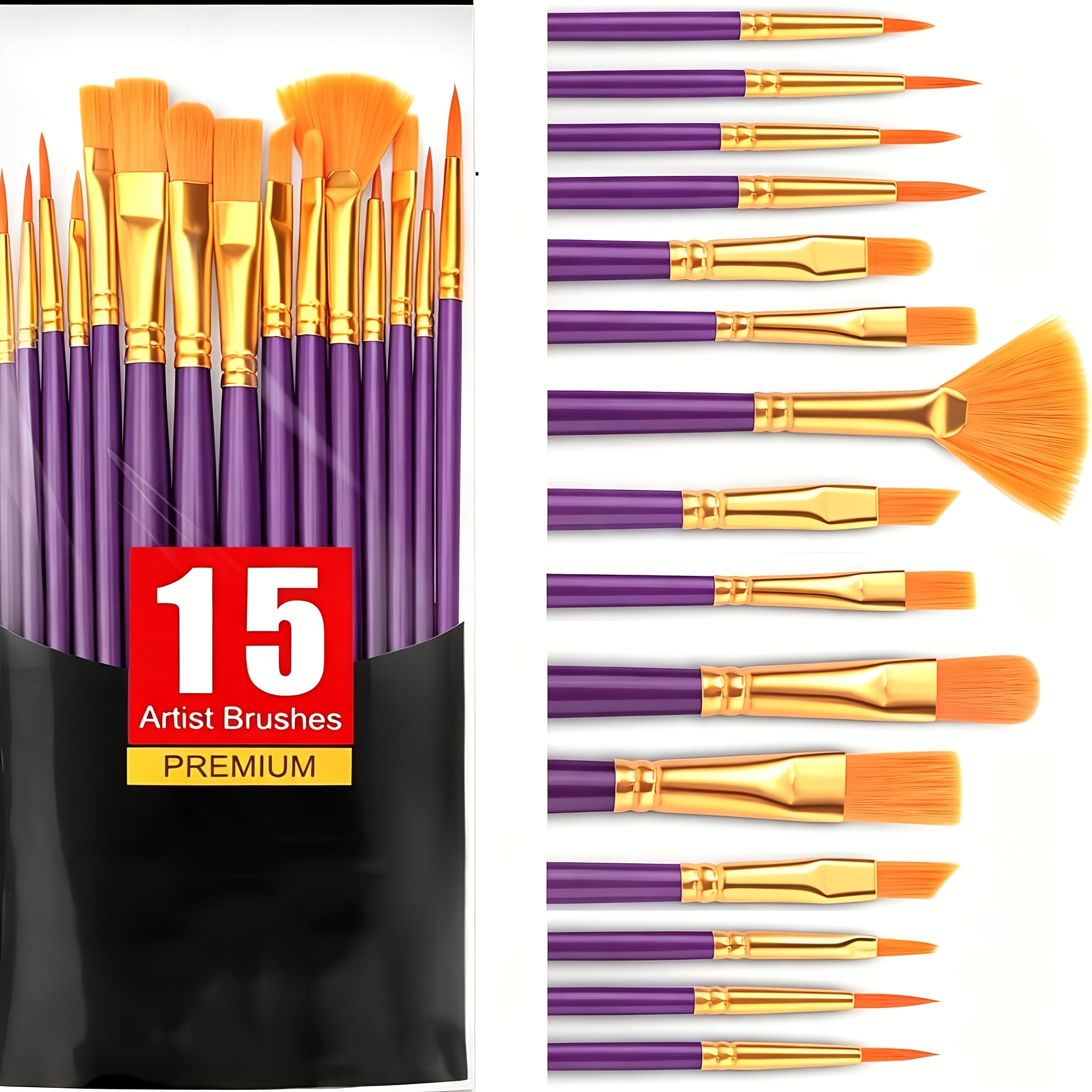 TEMU 15pcs Brush Set, Synthetic Hair Brushes With Plastic Handles, Medium Tip, Lightweight, Suitable For Acrylic, Oil Painting, Watercolor, And Rock
