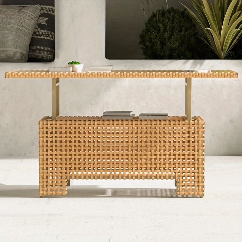 [Outdoor Wicker Table] Extendable Outdoor Wicker Coffee Table Measuring 51.25 Inches in Length And 27 Inches in Width, Featuring a Luxurious Brown Woodgrain End That Offers a Natural Feel And Outstanding Durability
