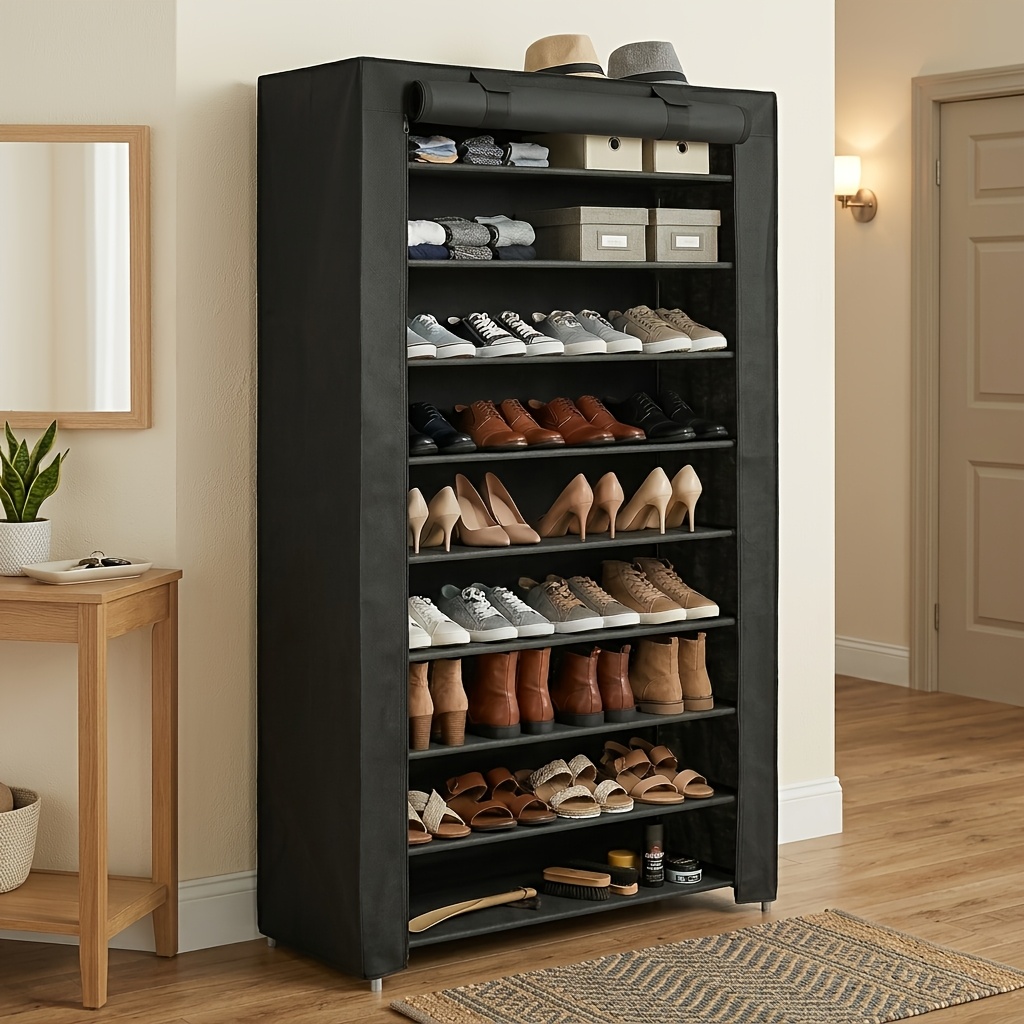 TEMU Armoire de rangement à chaussures à 10 niveaux, contient 40 à 50 paires, étagères réglables avec poches latérales, organisateur de chaussures