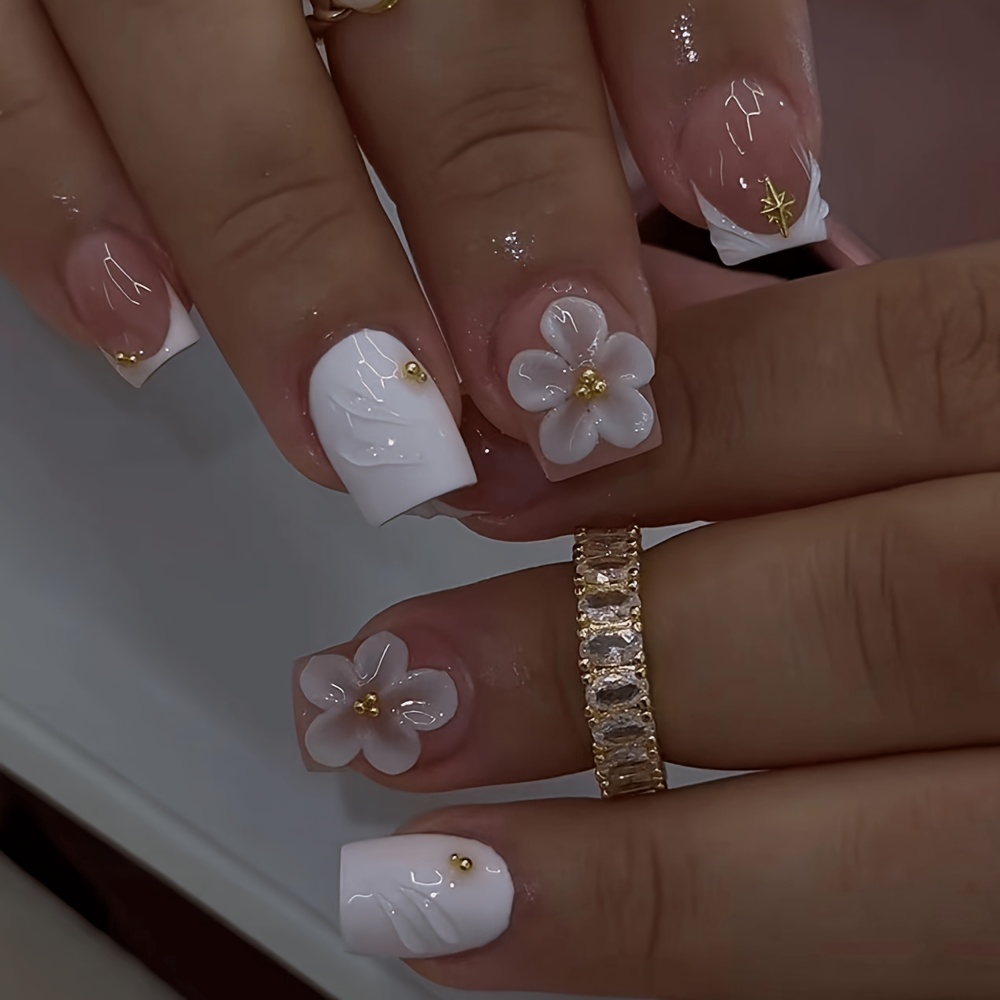 TEMU Lot de 24 faux ongles courts carrés à fleurs à pression pour des femmes, autocollants pour ongles brillants de longueur courte, faux ongles