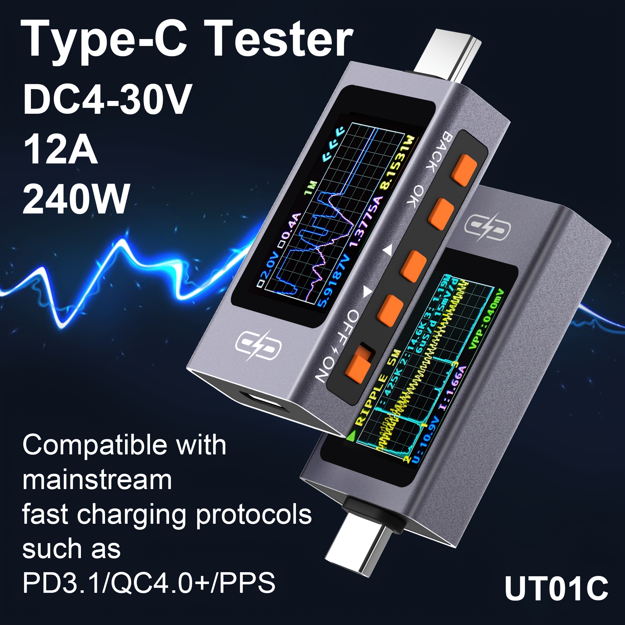 ut01c usb tester voltmeter ammeter     4 30v 12a 240w fully compatible with fast charging   trigger table pd3 1 qc4 0 pps color screen display portable type c ammeter real time curve measurement current and voltage monitor