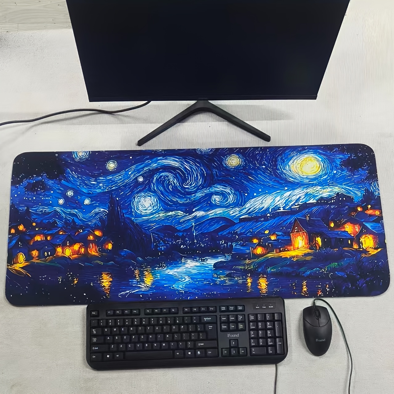 TEMU Van Gogh Starry Night Mousepad And Desk Mat - Non-slip Rubber Base, Rectangular Pc Accessory, Blue And Yellow Night Sky , Suitable For Home