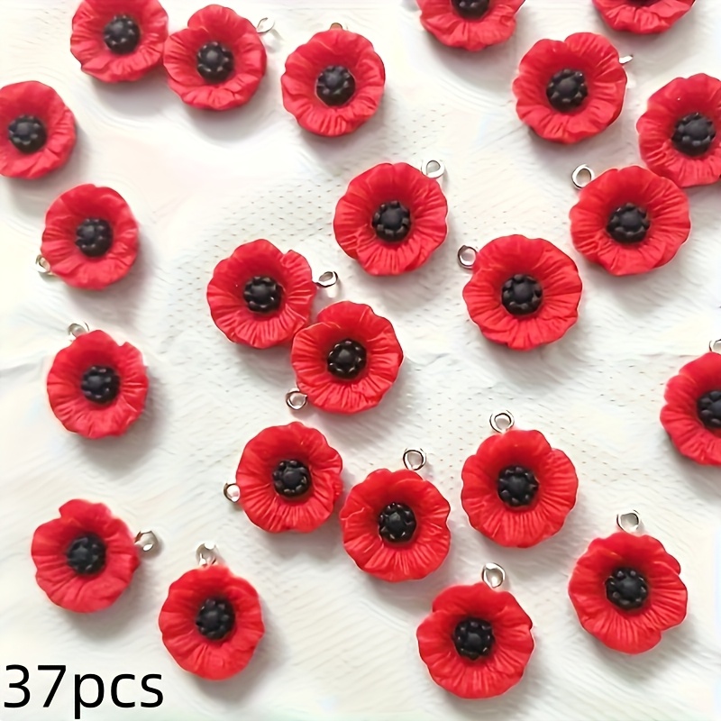 TEMU 37pcs/15pcs Red Poppy Flower Pendant - 19mm Vibrant Charms With Black Center And Green Leaves, Jewelry Making Supplies For Necklaces, Earrings,