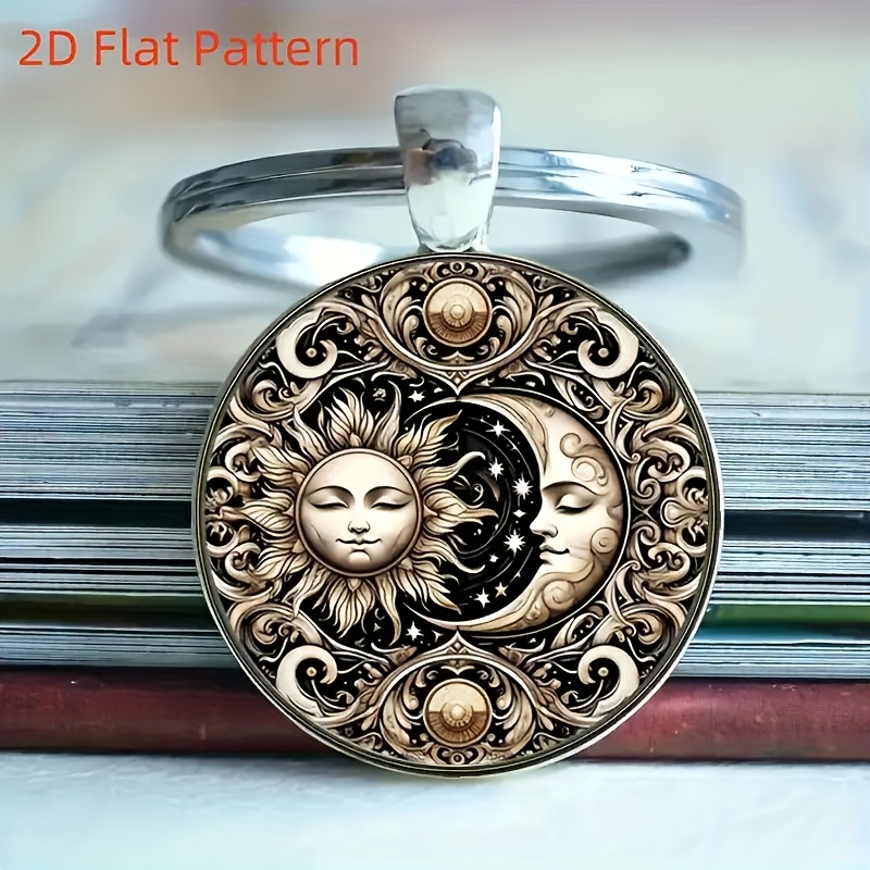 TEMU Sun And Moon Keychain Pendant - Dual-sided Celestial Design With Floral Swirls & Stars, Durable Metal Bag Charm Car Accessory Home Decor,