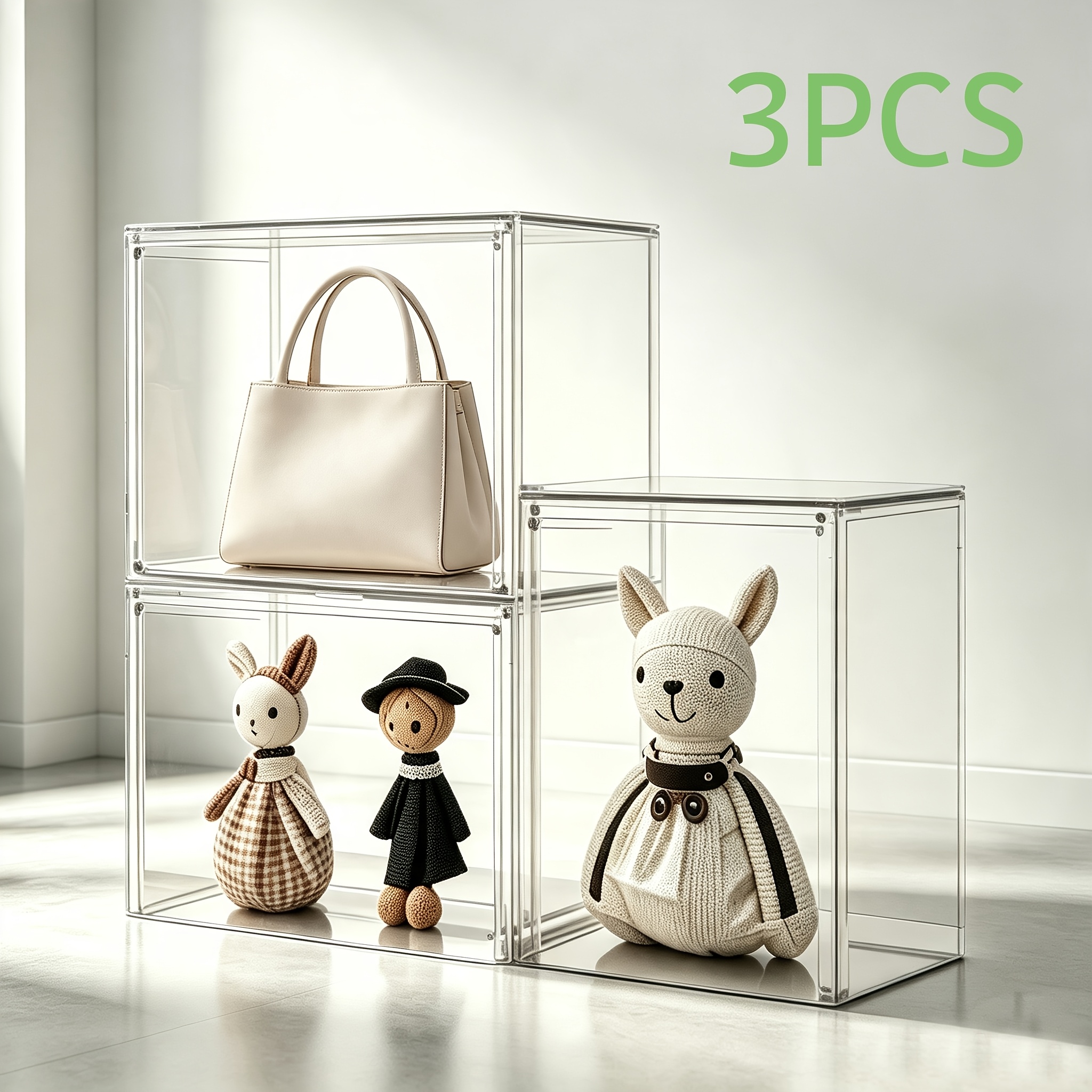 3pcs Purse Display Case Handbag Storage Organizer Clear Acrylic Stackable Dustproof Storage Box With Magnetic Door, For Collectible Figures, Books, Cosmetics