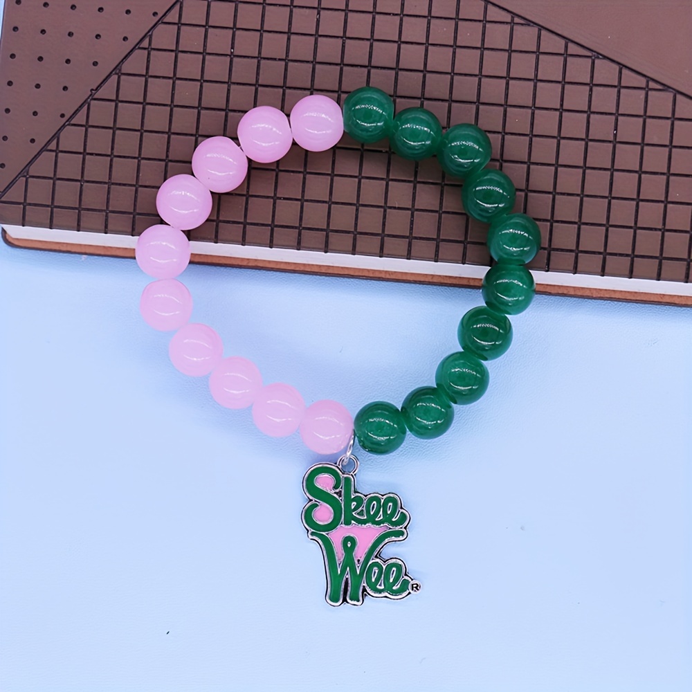 

Wee Beaded Bracelet - Rhodium Plated Alloy, Synthetic Pink & Green Beads, Sexy Cute Style For Daily & Banquet - Campus Related Festive Accessory For College Sorority Women