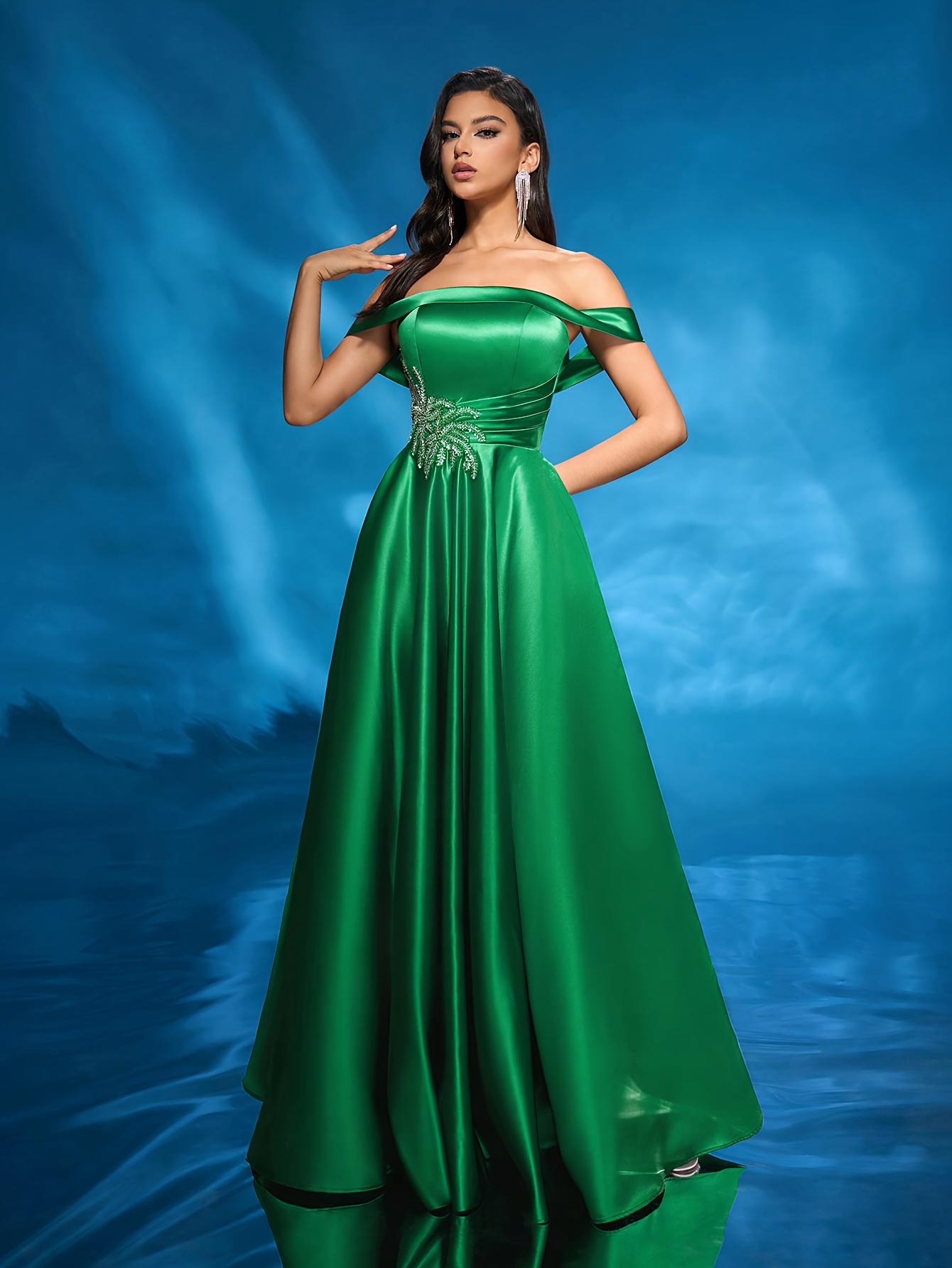 open lace back dress Stretch Satin Sleek Long Glitter Prom Dress main image 0