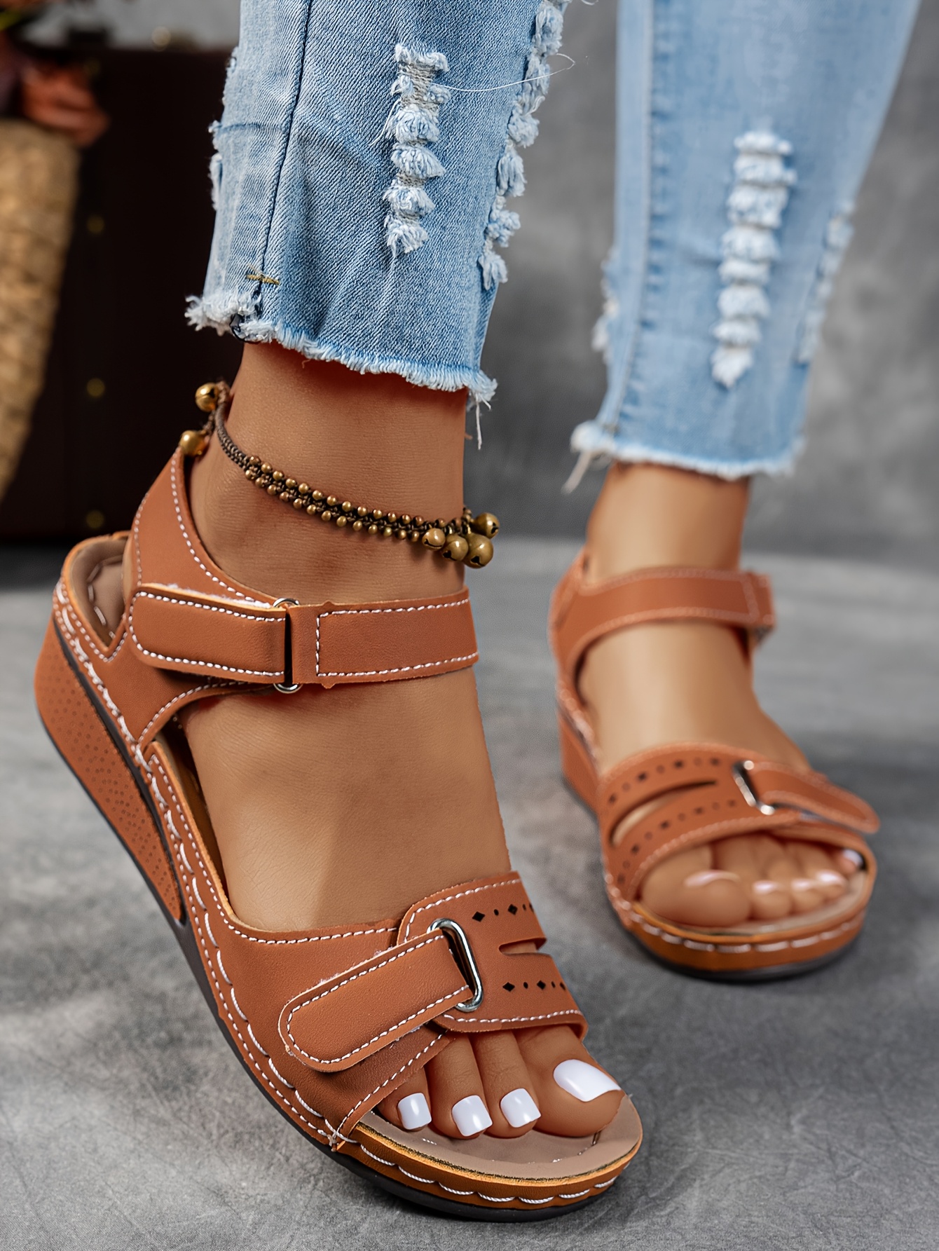  womens beige wedge sandals comfortable open toe platform shoes with adjustable ankle strap perforated design for   casual summer fashion strappy sandals Product details 9