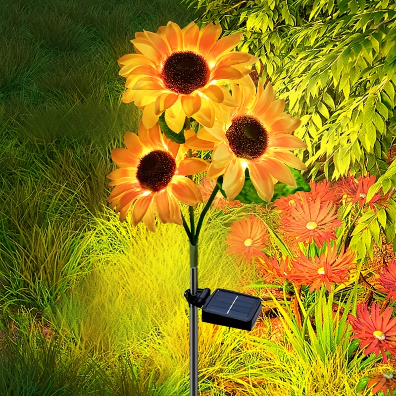 Decoraciones Navideñas Solares para Exteriores, 3 Luces LED de Girasol, Luces Solares de Flores, Regalos de Girasol para Mamá en Cumpleaños y Navidad, Luces Decorativas de Estaca para Jardín y Césped, Iluminación Decorativa para Exteriores