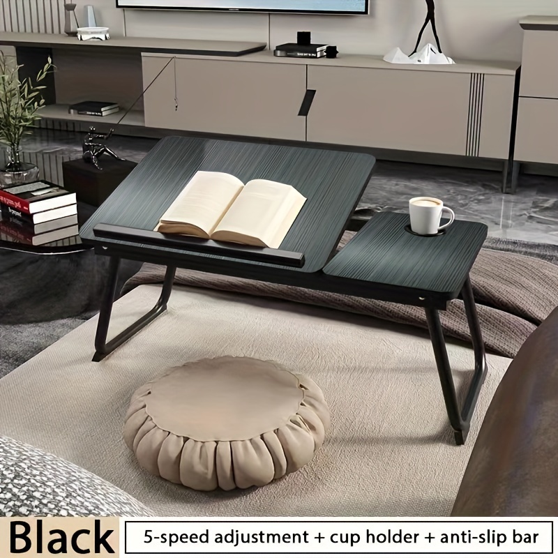  Mesa de cama para comer - Mesa de desayuno de bambú con soporte  para tableta para teléfono - Bandeja de servir negra de altura ajustable  con patas plegables en el sofá