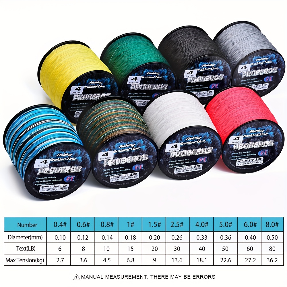 Proberos Braided Fishing Line - 300M/328YDS, 4-Strand PE Multifilament, with a Super Strong Tension Value of 2.72-36.29KG, Designed for Smooth Long-Distance Casting And High Resistance to Abrasion.