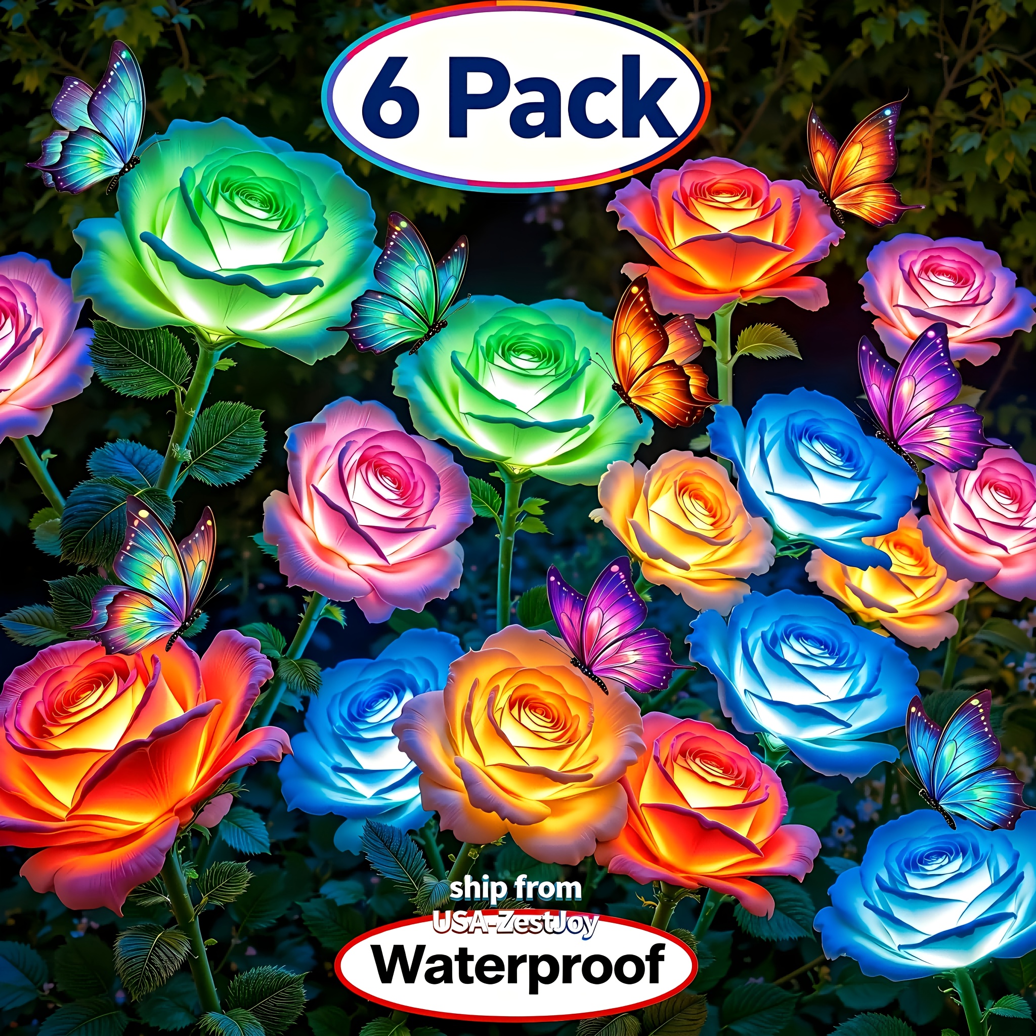 TEMU 6pcs Solar Rose Lights, Outdoor Version - 24 Realistic Petals With 7-color Changing Led Lights And Leaves, Solar Garden Lights, Suitable For