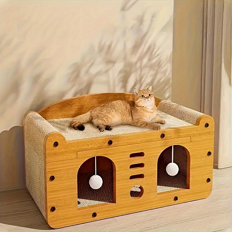 

Cat Scratcher Lounge With Play Holes - Cardboard Scratching Pad And Bed For Indoor Cats, Interactive Claw Sharpening Station, Cat House Sofa Toy